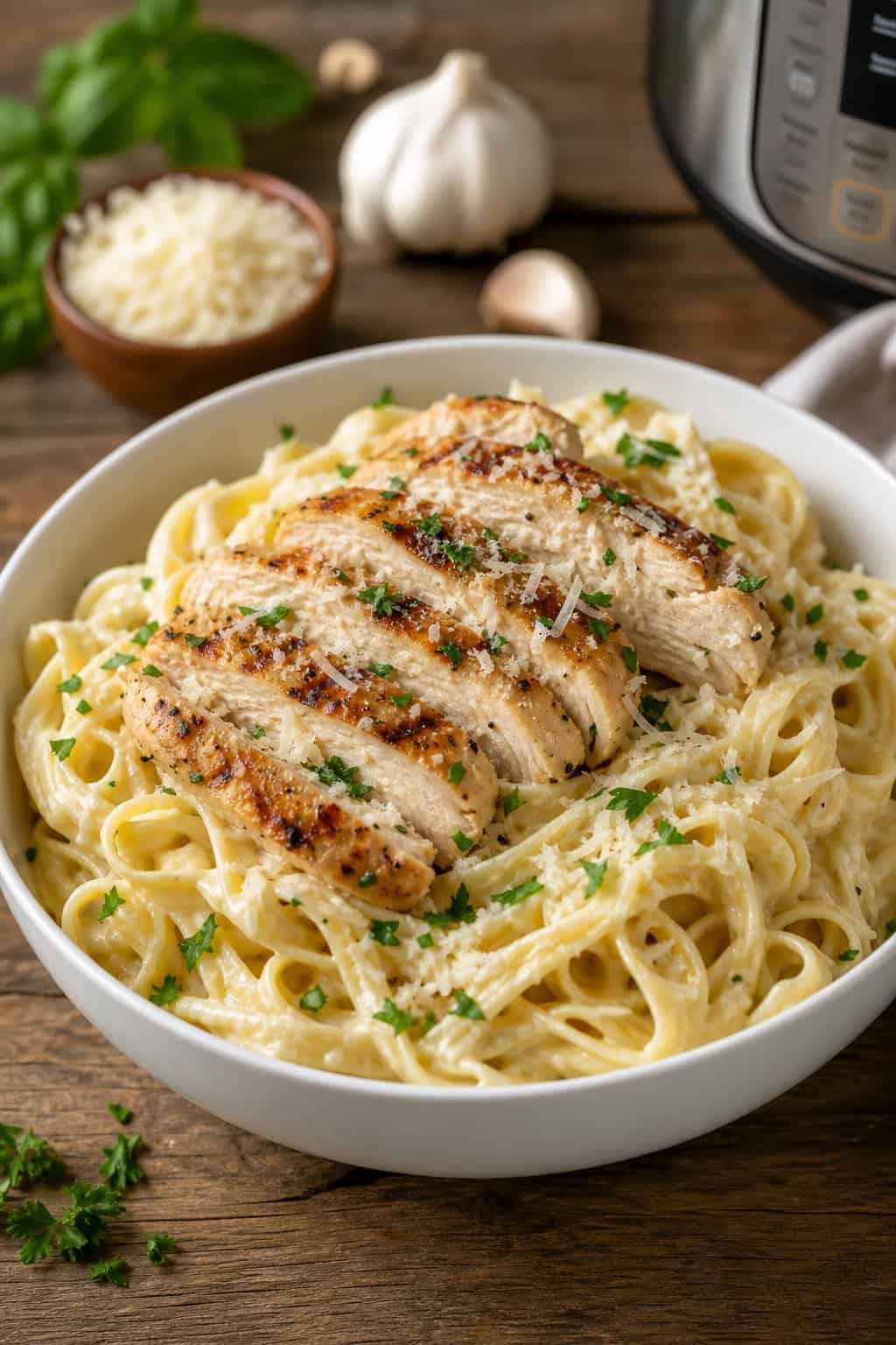 A bowl of creamy chicken Alfredo pasta garnished with parsley and Parmesan on a wooden table.