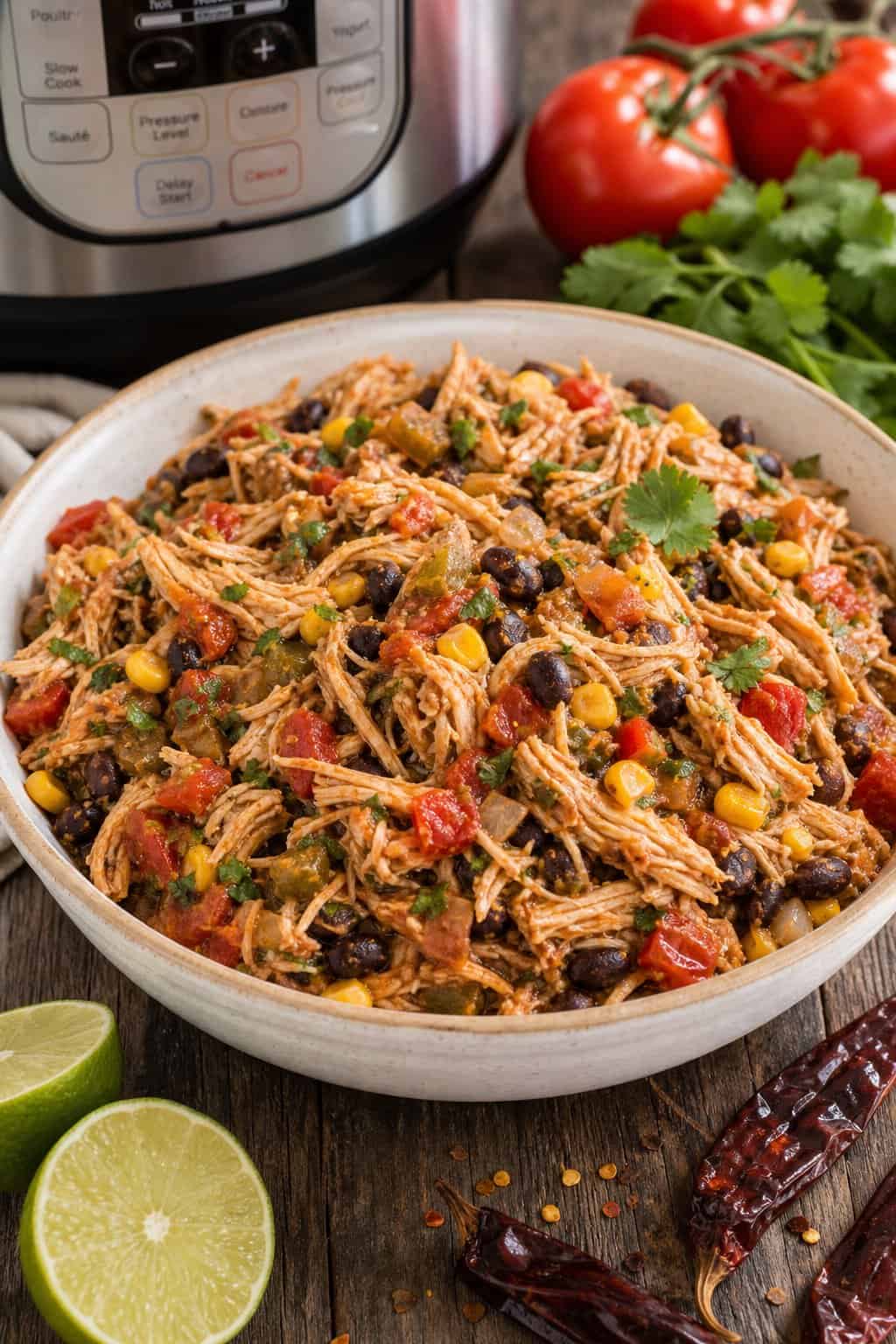 A bowl of shredded chicken enchilada filling with vegetables on a wooden table surrounded by fresh ingredients.