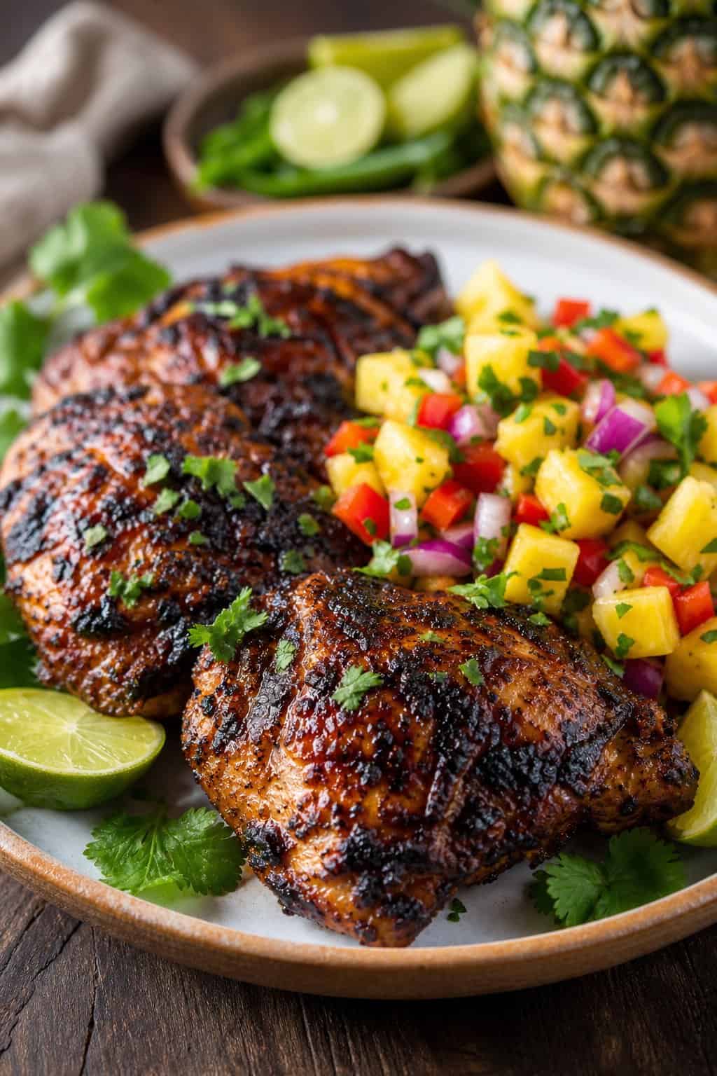 A plate of grilled Jamaican jerk chicken thighs served with pineapple salsa and garnished with lime wedges and fresh herbs on a wooden table.