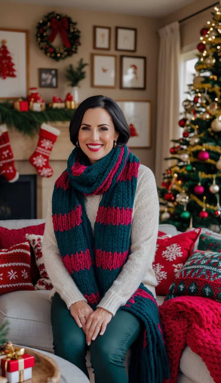 A cozy living room adorned with festive knit scarves, surrounded by 15 coordinated Christmas outfits, exuding warmth and joy