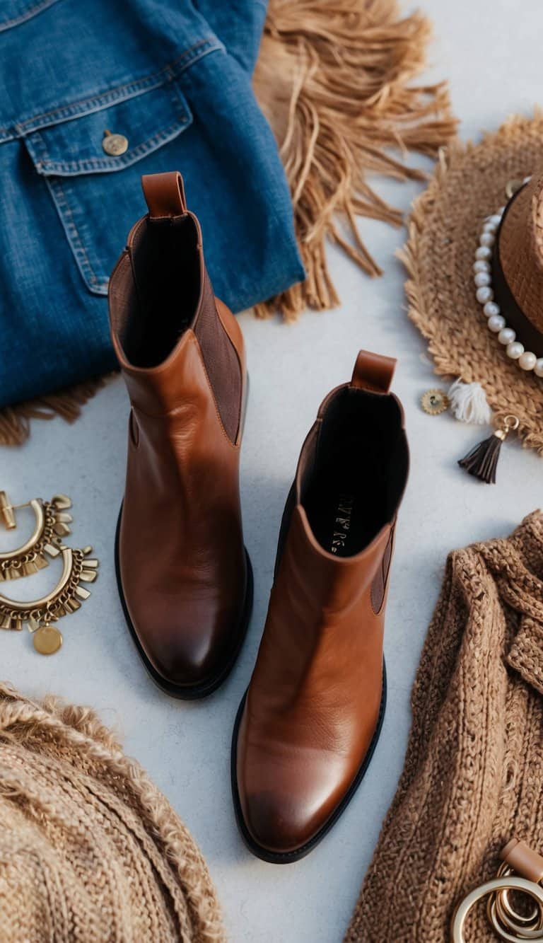 A pair of leather ankle boots surrounded by boho clothing and accessories, creating a stylish and effortless outfit inspiration