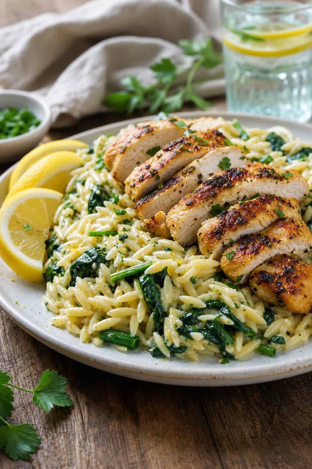 A plate of lemon chicken served over orzo pasta with spinach on a wooden table, garnished with lemon wedges and fresh herbs.