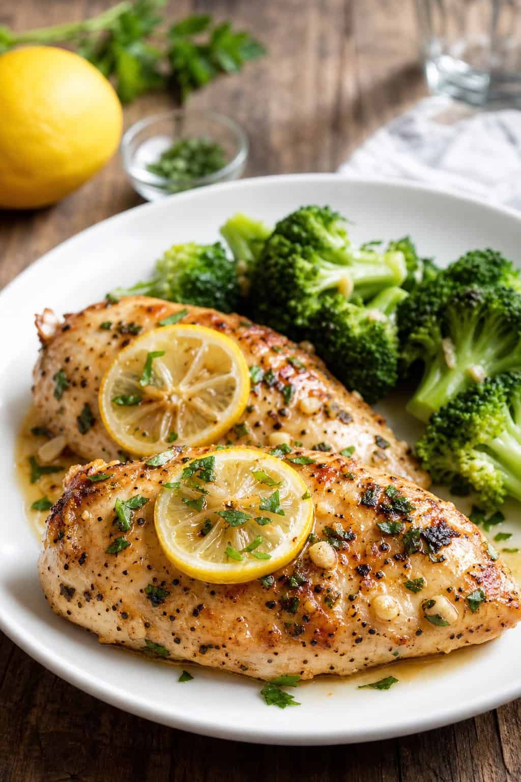 A plate with lemon-garlic baked chicken breasts and steamed broccoli on a wooden table.