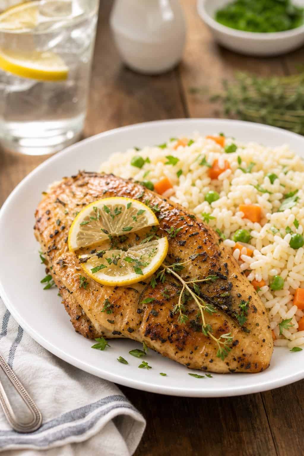 A plate of lemon herb chicken served with rice and garnished with lemon slices and herbs on a wooden table.