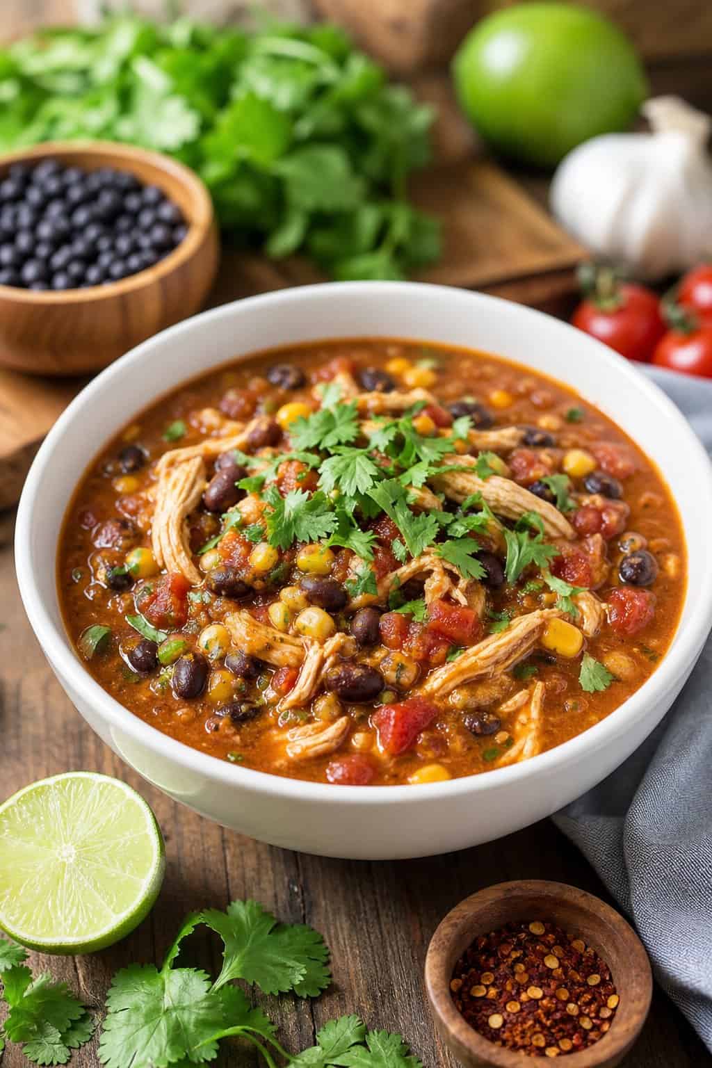 A bowl of chicken chili with black beans and vegetables on a wooden table with fresh ingredients around it.