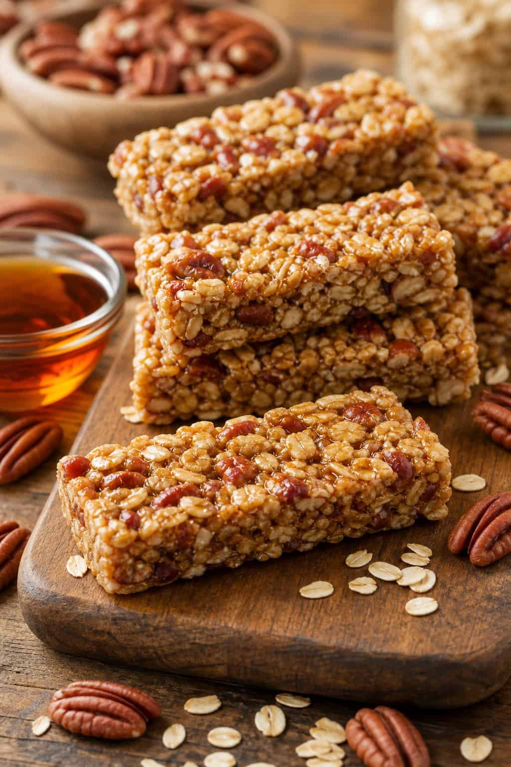 Close-up of several maple pecan granola bars on a wooden board with pecans and a bowl of maple syrup nearby.
