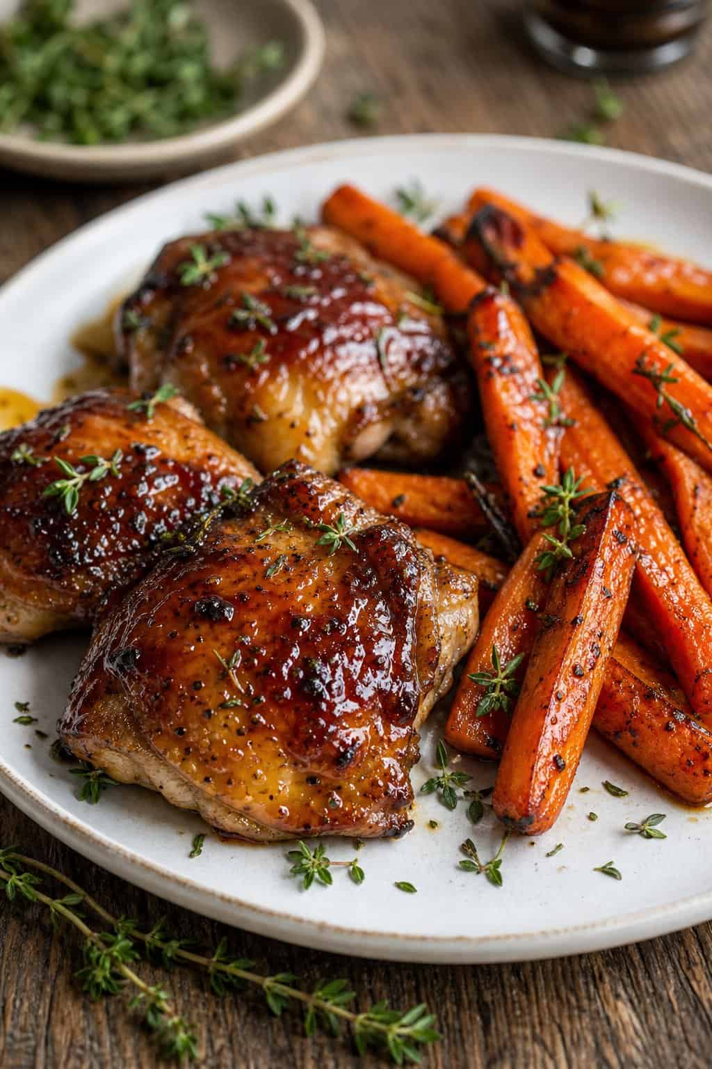A plate of maple-soy glazed chicken thighs served with roasted carrots on a wooden table.