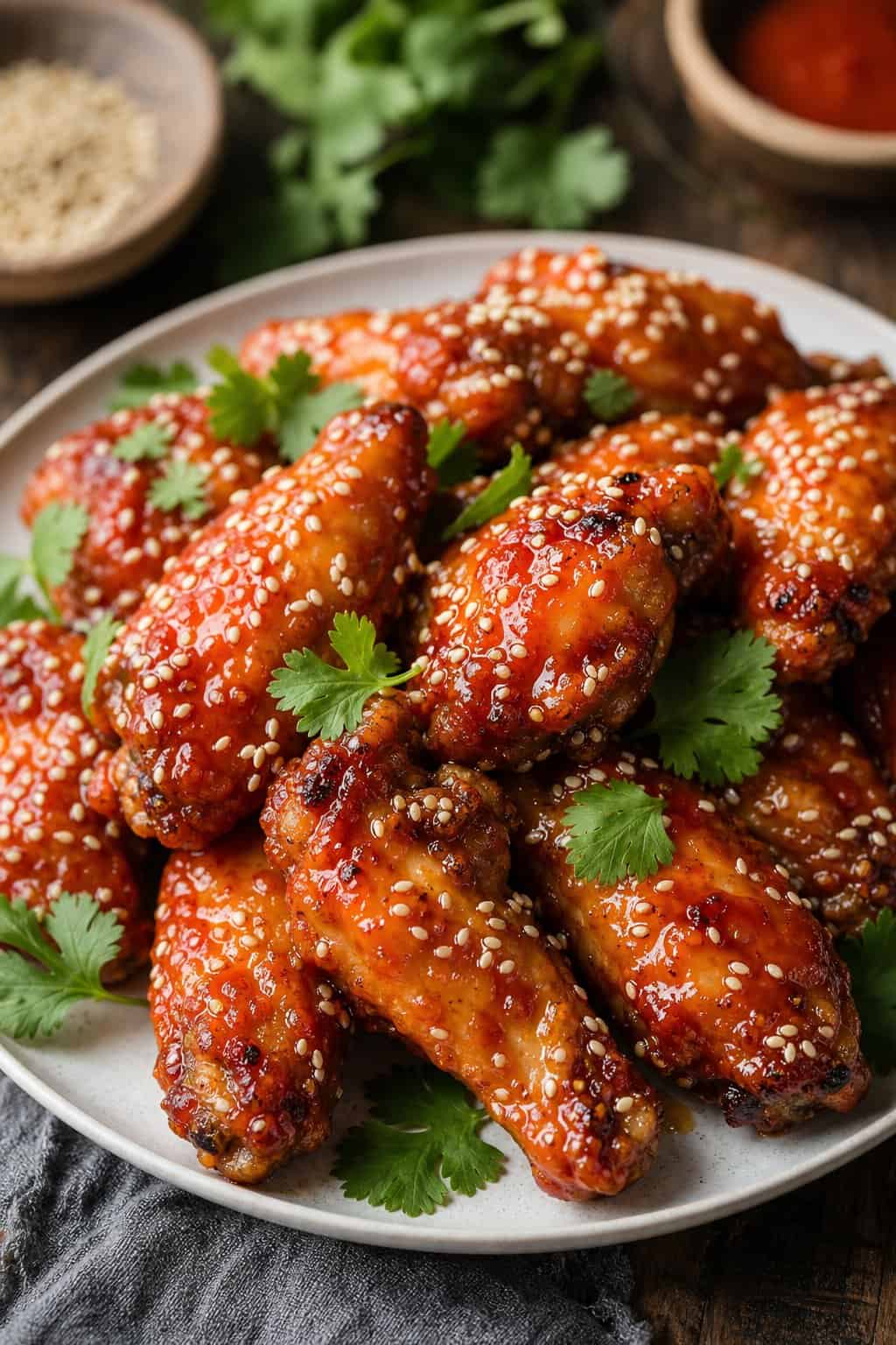 22 Chicken Wing Recipes for Game Day and Beyond 6 A plate of maple-sriracha chicken wings topped with toasted sesame seeds and fresh herbs.