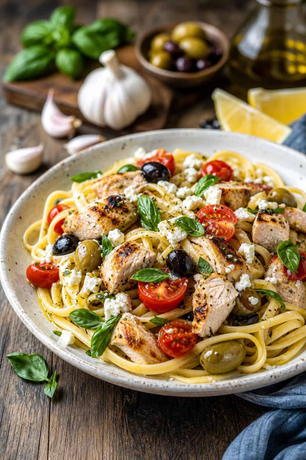 A bowl of Mediterranean chicken pasta with olives, feta cheese, cherry tomatoes, and fresh basil on a wooden table.