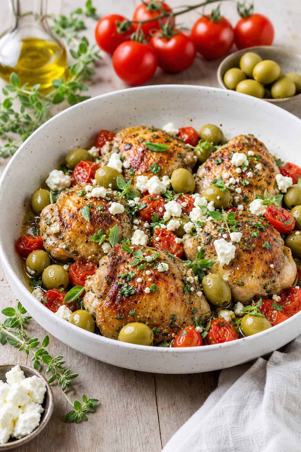 A bowl of Mediterranean chicken with olives, tomatoes, and feta cheese garnished with fresh herbs on a wooden table.