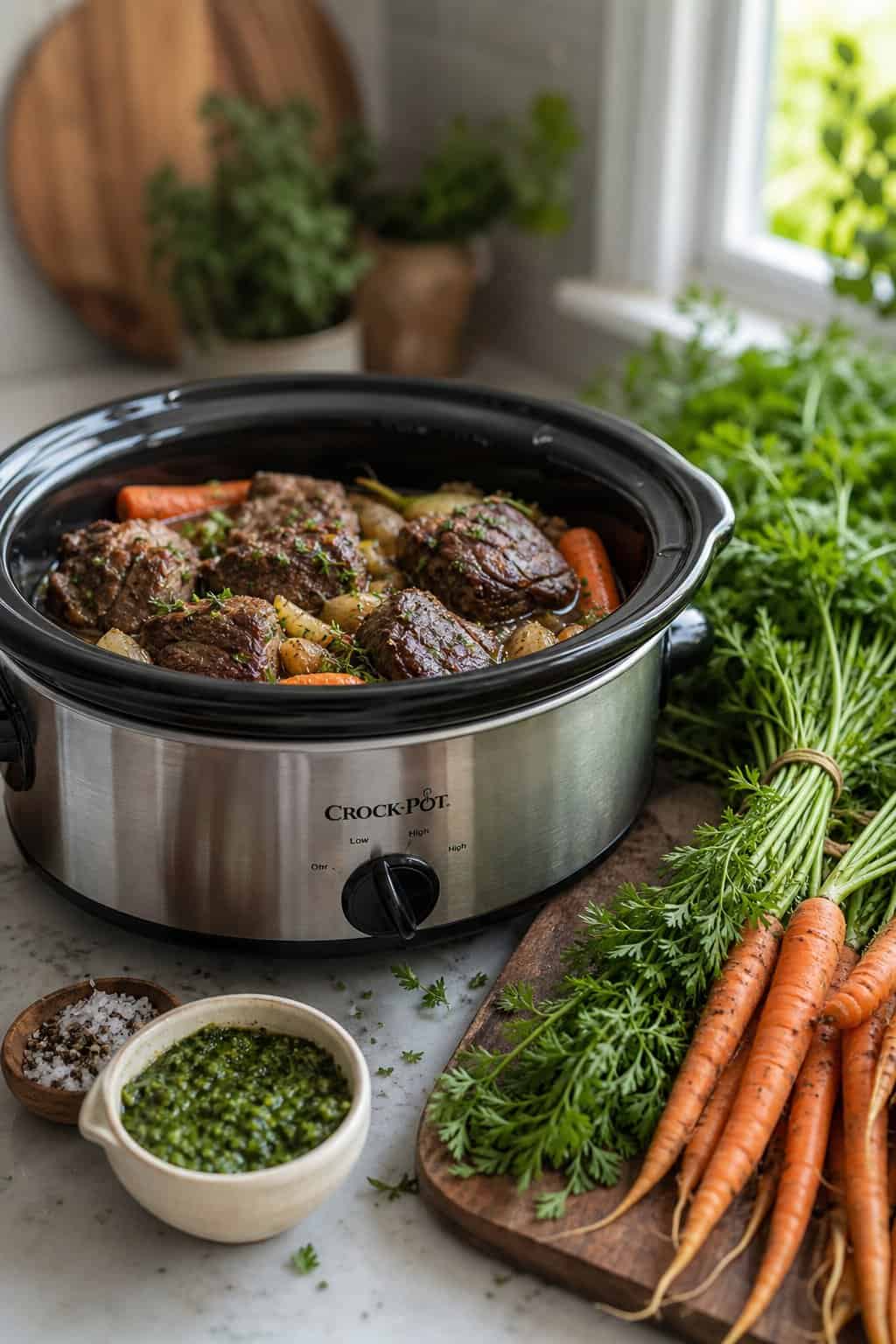 Slow cooker with mini beef pot roasts and fresh carrots with green tops arranged on a kitchen countertop.