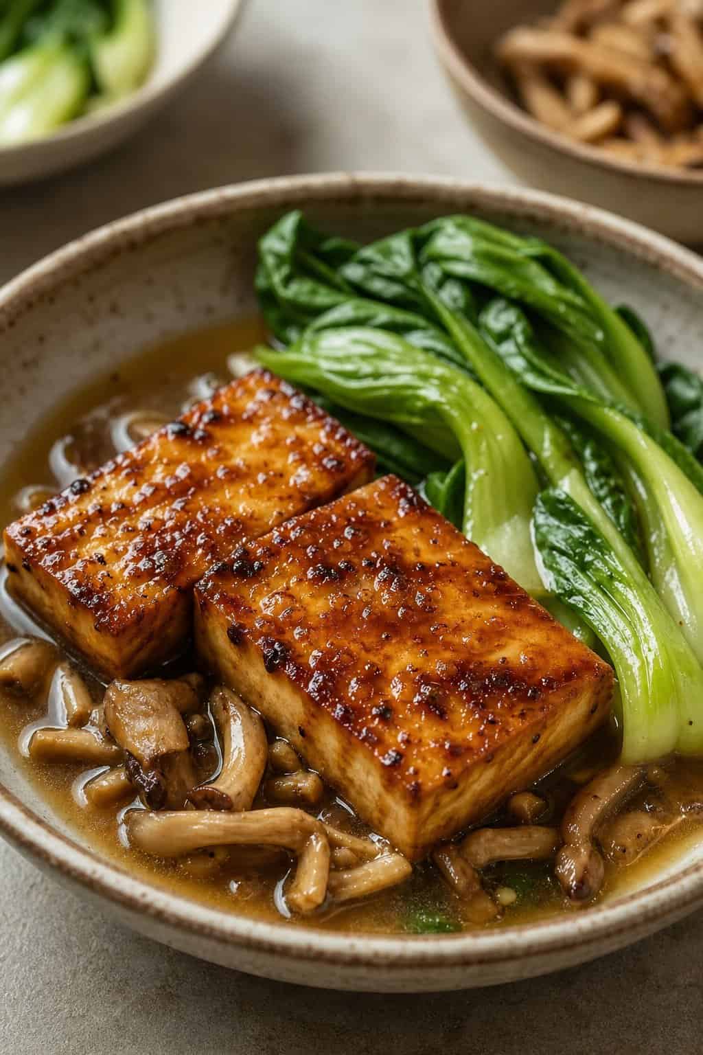 A bowl of miso-glazed tofu with bok choy and mushroom stems in broth.