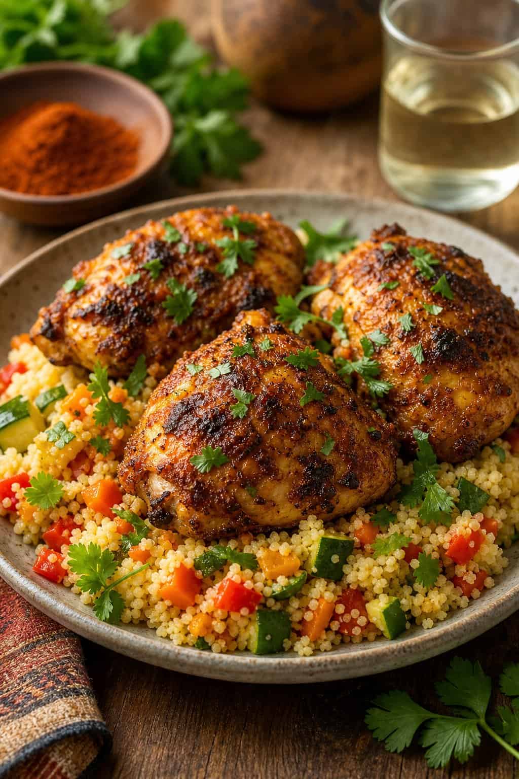 A plate of Moroccan-spiced chicken thighs served with couscous and garnished with fresh herbs on a wooden table.