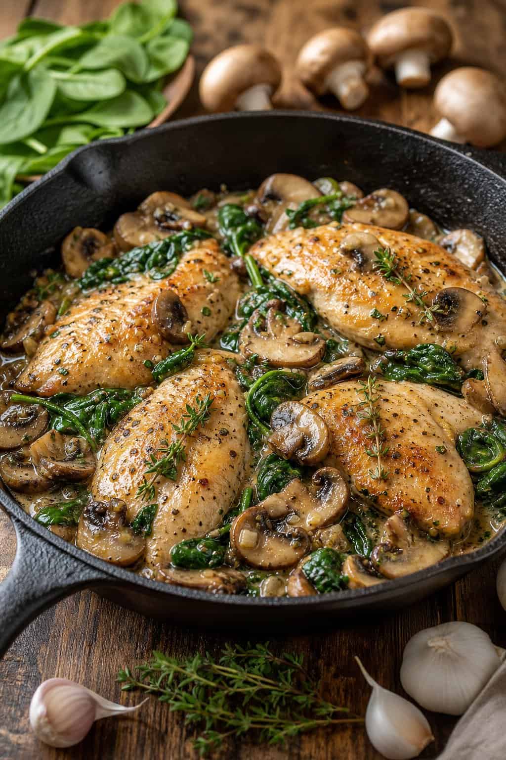 22 Heart-Healthy Chicken Recipes to Keep You Feeling Great! 16 A skillet with cooked chicken breasts, mushrooms, and spinach on a wooden table surrounded by fresh ingredients.