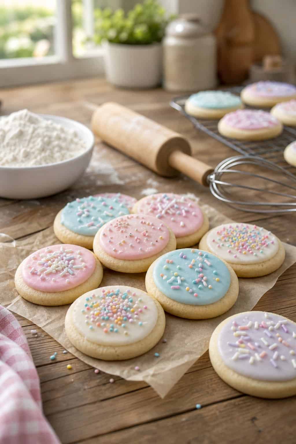 A wooden table with round no-spread sugar cookies decorated with pastel icing and sprinkles, surrounded by baking tools and ingredients.