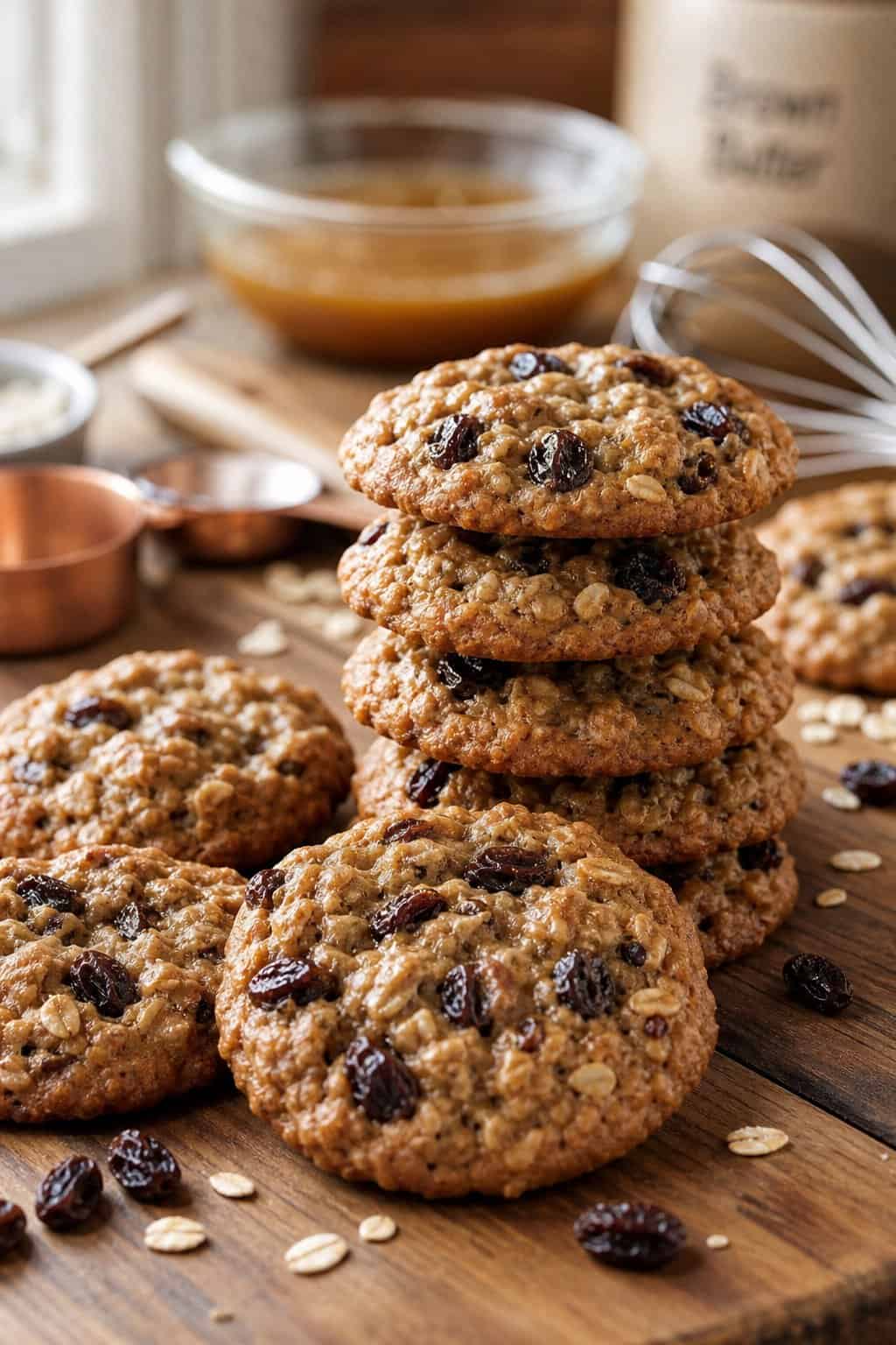 A close-up of freshly baked oatmeal raisin cookies arranged on a wooden surface with baking tools blurred in the background.