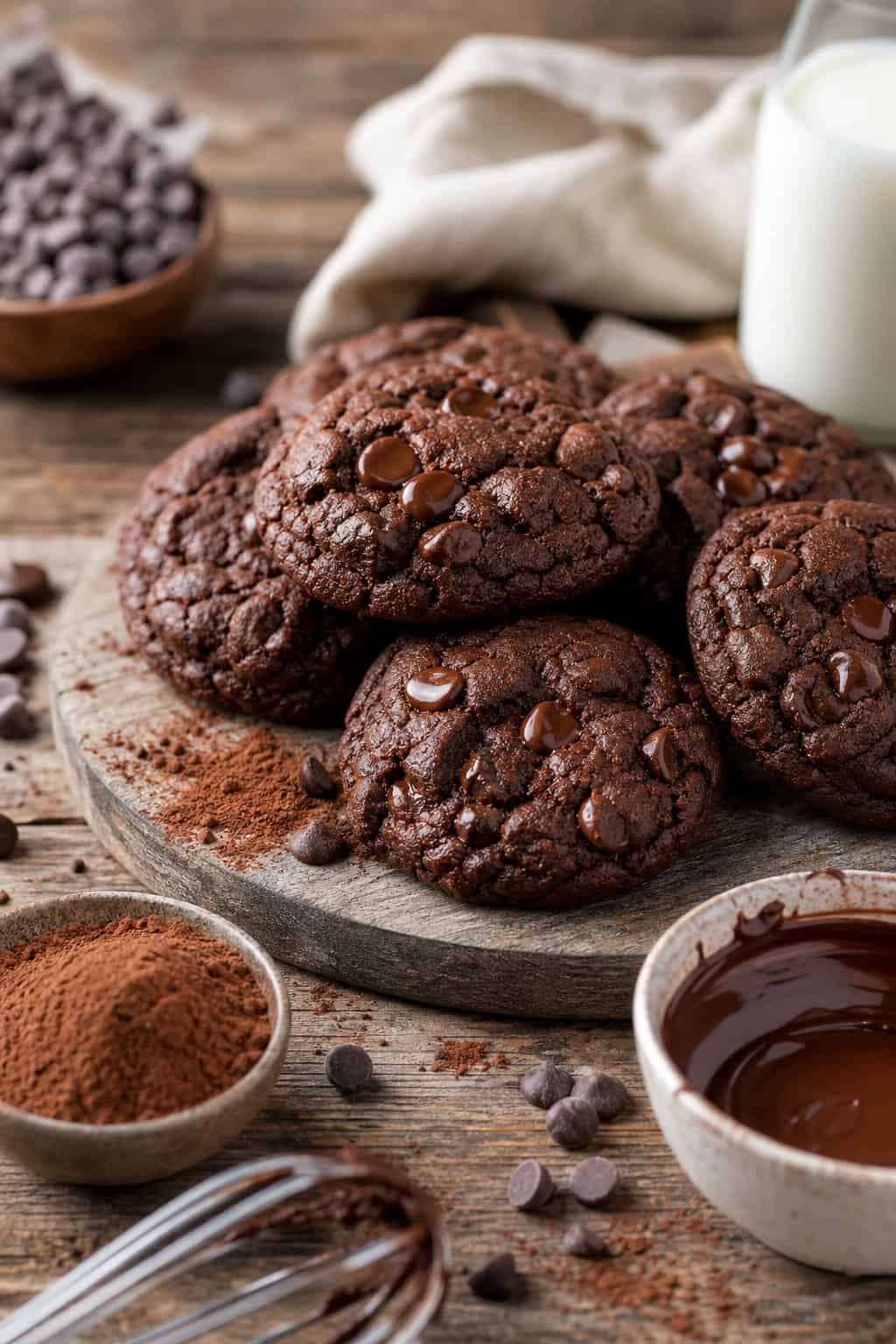 Freshly baked double chocolate cookies on a wooden surface with baking ingredients and a glass of milk in the background.