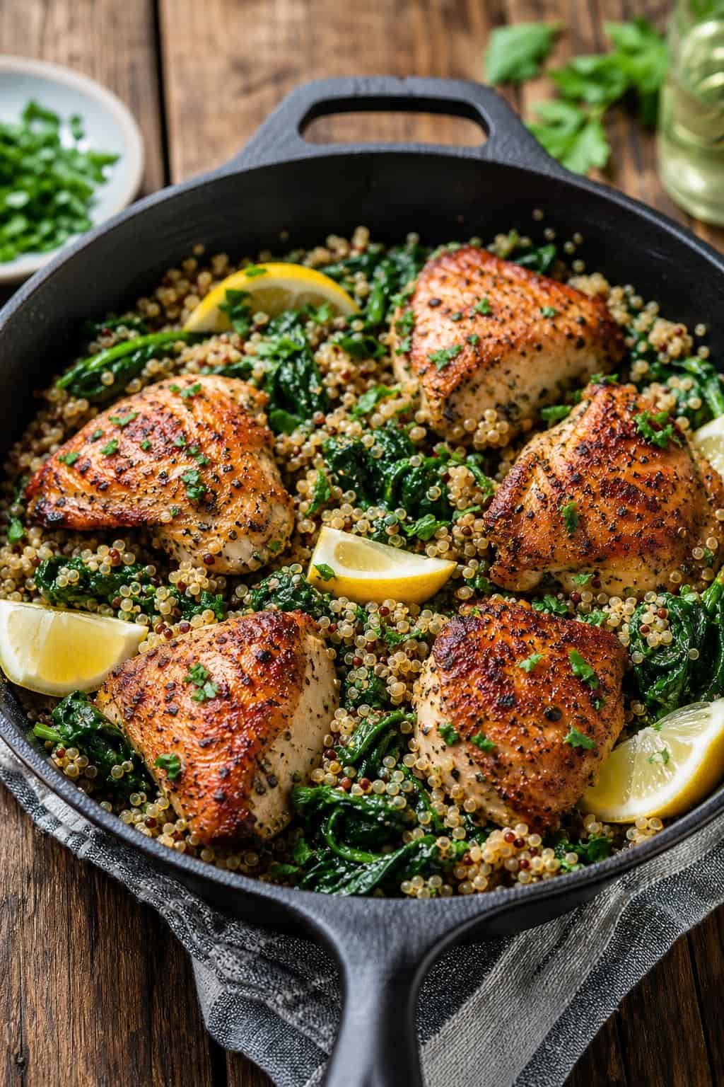 22 Heart-Healthy Chicken Recipes to Keep You Feeling Great! 6 A skillet containing roasted chicken, quinoa, and sautéed spinach on a wooden table.