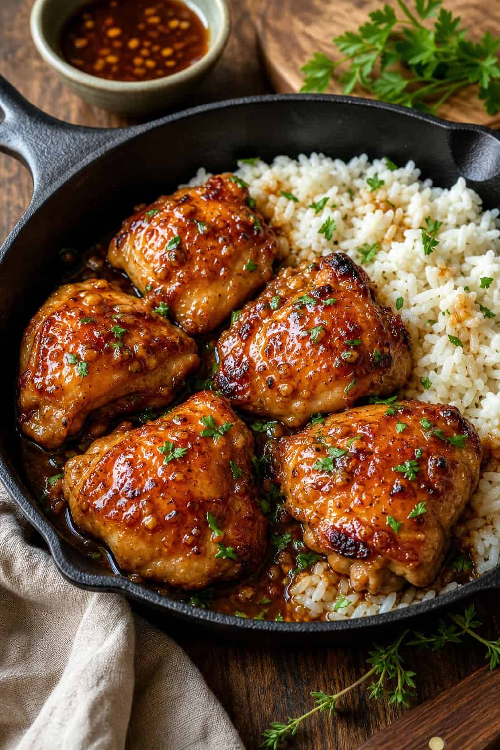 23 Honey Garlic Chicken Thigh Recipes You’ll Absolutely Love! 6 A skillet with honey garlic chicken thighs served over white rice, garnished with fresh herbs on a wooden table.