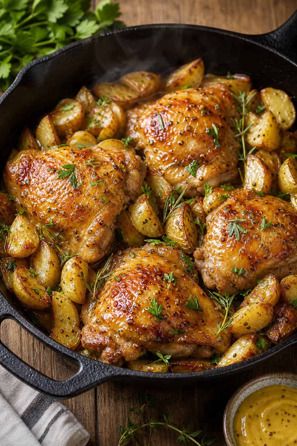 25 Chicken Thigh Recipes for Easy Weeknight Dinners 3 A skillet with honey mustard glazed chicken thighs and roasted potatoes garnished with herbs on a wooden table.
