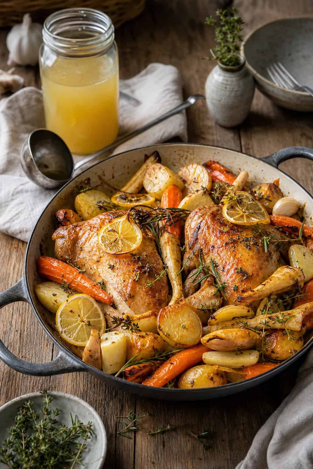 A pan with lemon garlic chicken and roasted root vegetables on a wooden table, with a jar of homemade chicken stock in the background.