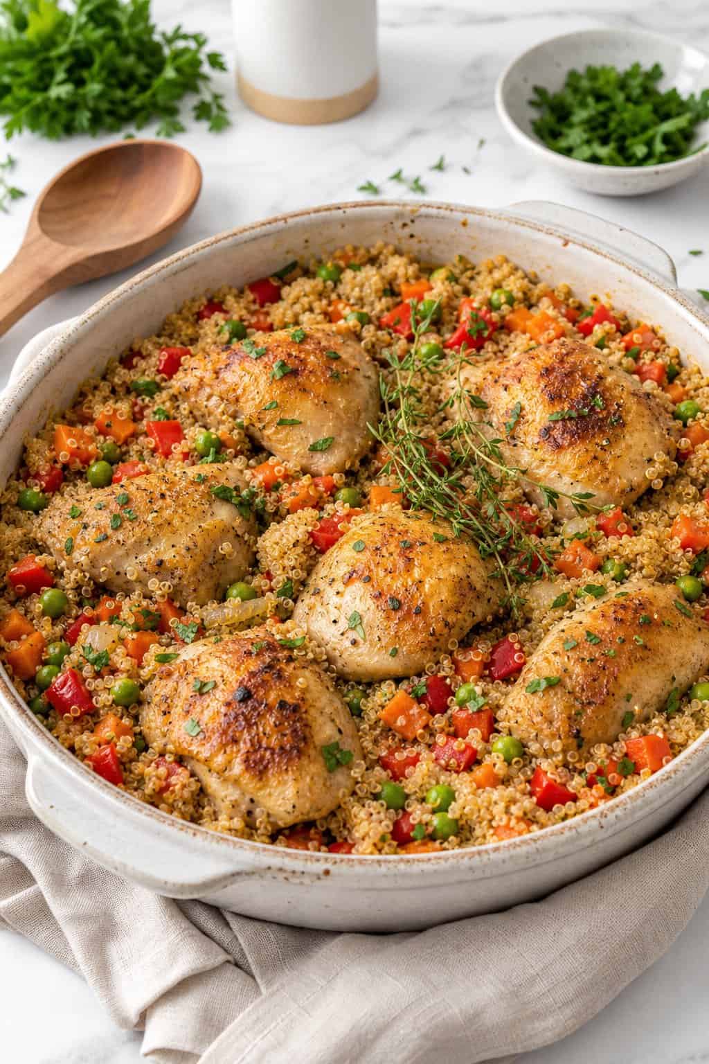 22 Easy Instant Pot Chicken Recipes for Quick Family Dinners 20 A ceramic dish of cooked chicken and quinoa casserole with vegetables on a kitchen countertop.