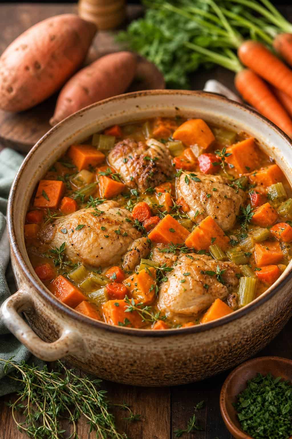 A steaming pot of chicken and vegetable stew with sweet potatoes, carrots, and herbs on a wooden table.