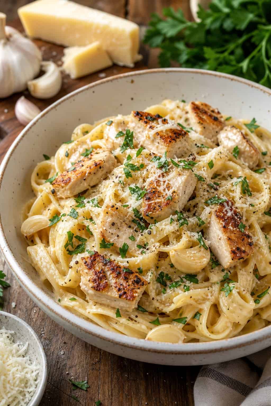 A bowl of creamy garlic parmesan chicken pasta garnished with parsley and parmesan cheese on a wooden table.