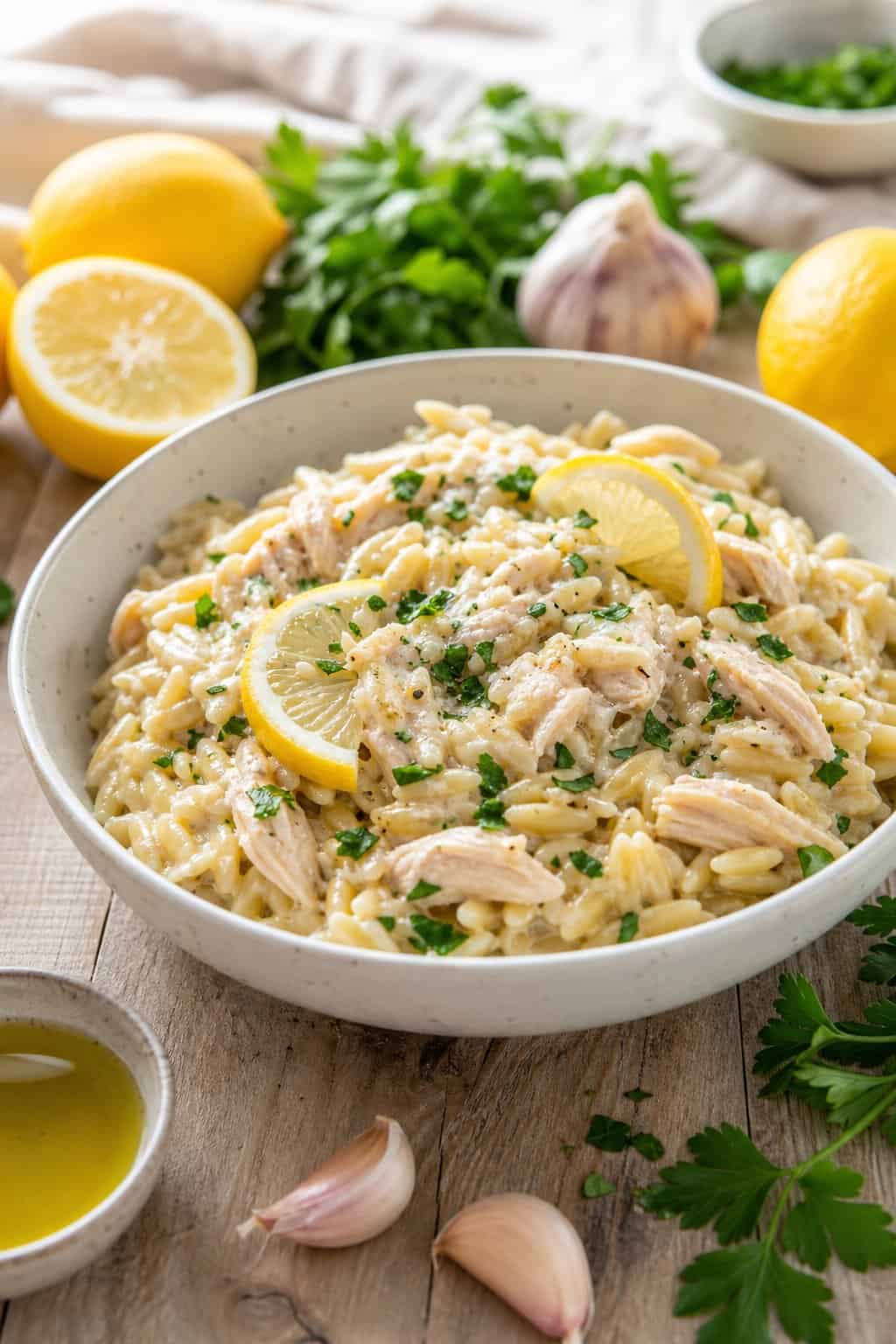 A bowl of lemon garlic canned chicken orzo garnished with lemon slices and parsley on a wooden table with fresh ingredients around it.