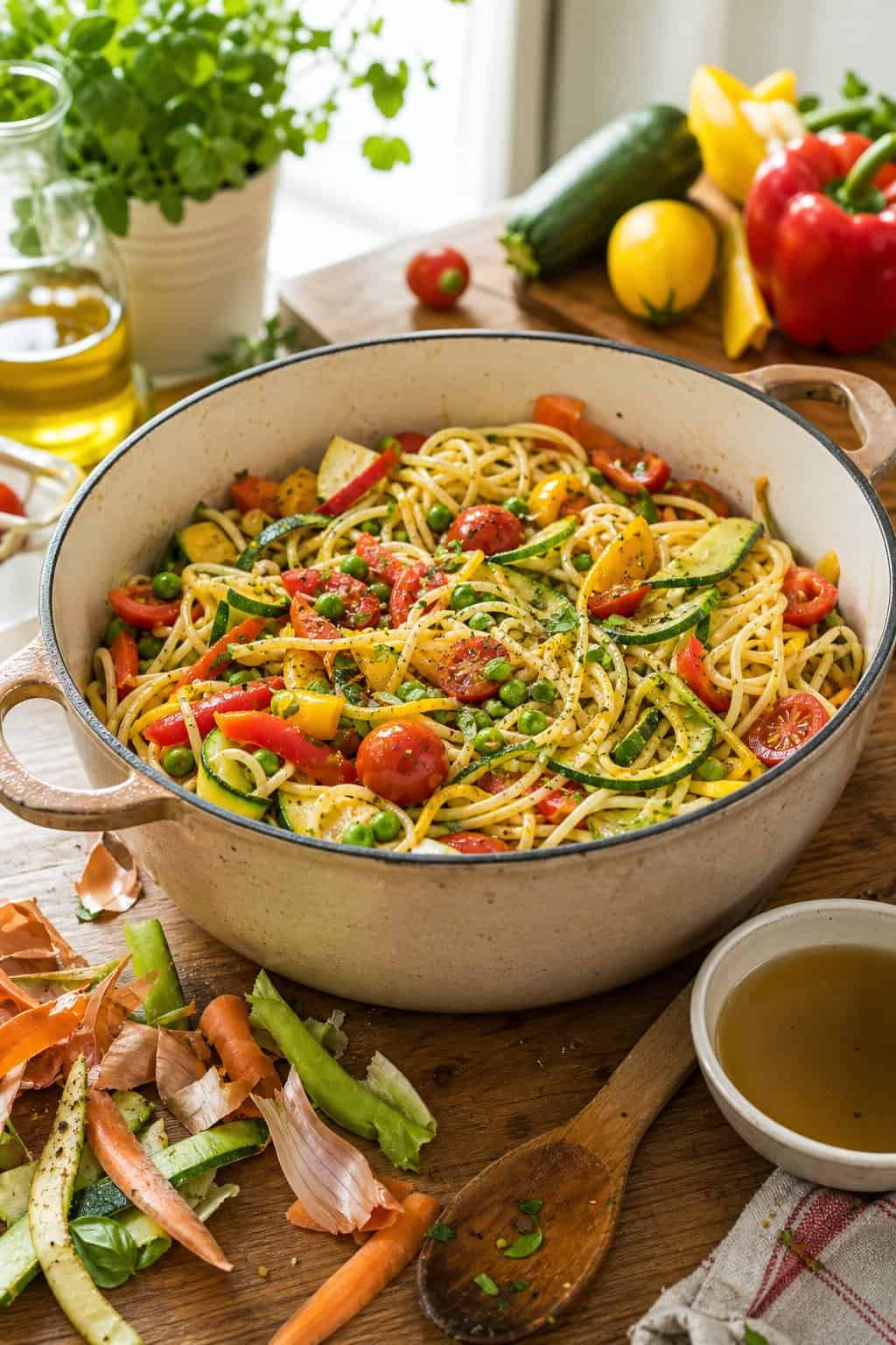 A pot of colorful pasta primavera with fresh vegetables on a wooden table, surrounded by vegetable peels and kitchen tools.