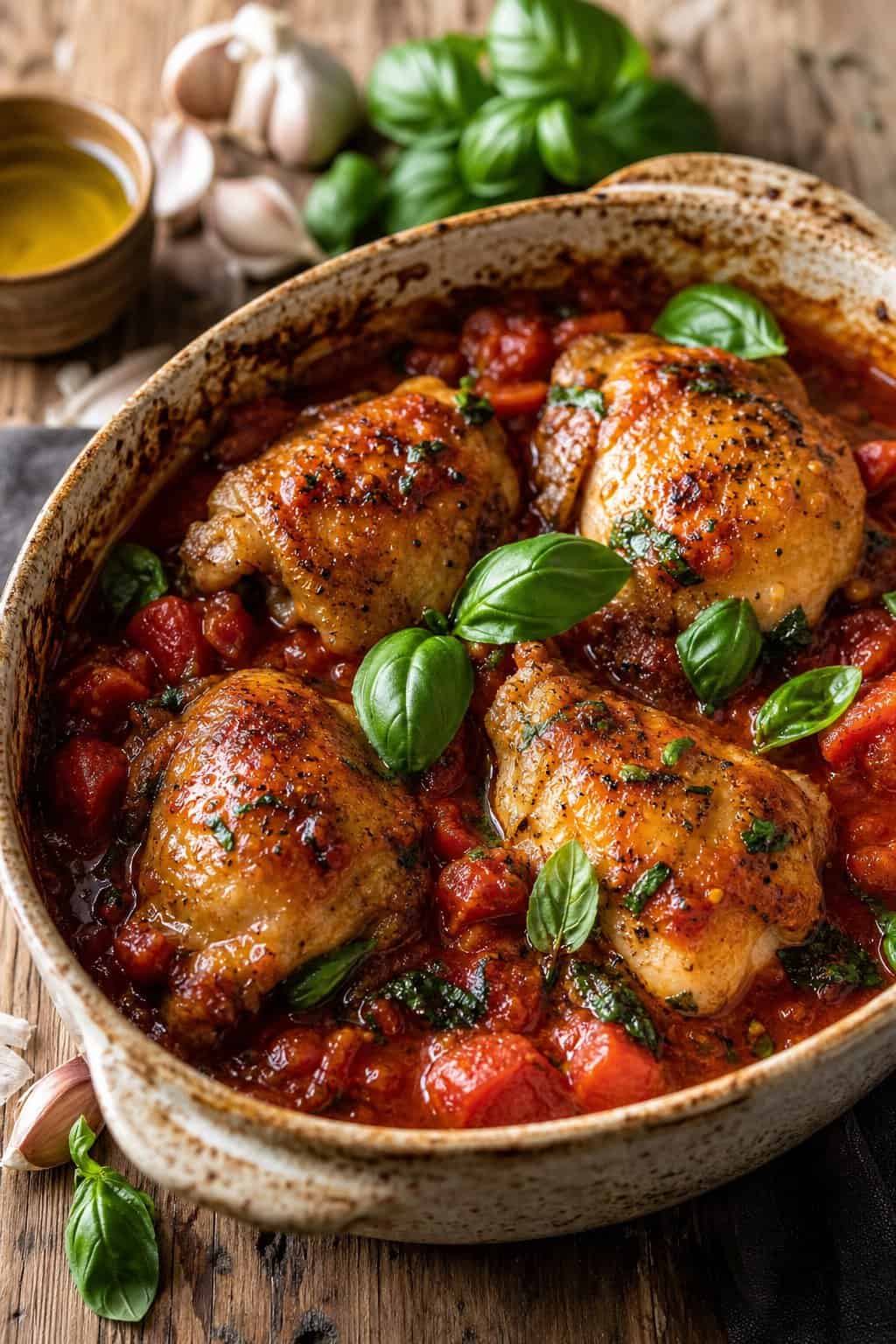 A pot of braised chicken thighs cooked in tomato sauce with fresh basil leaves on a wooden table.