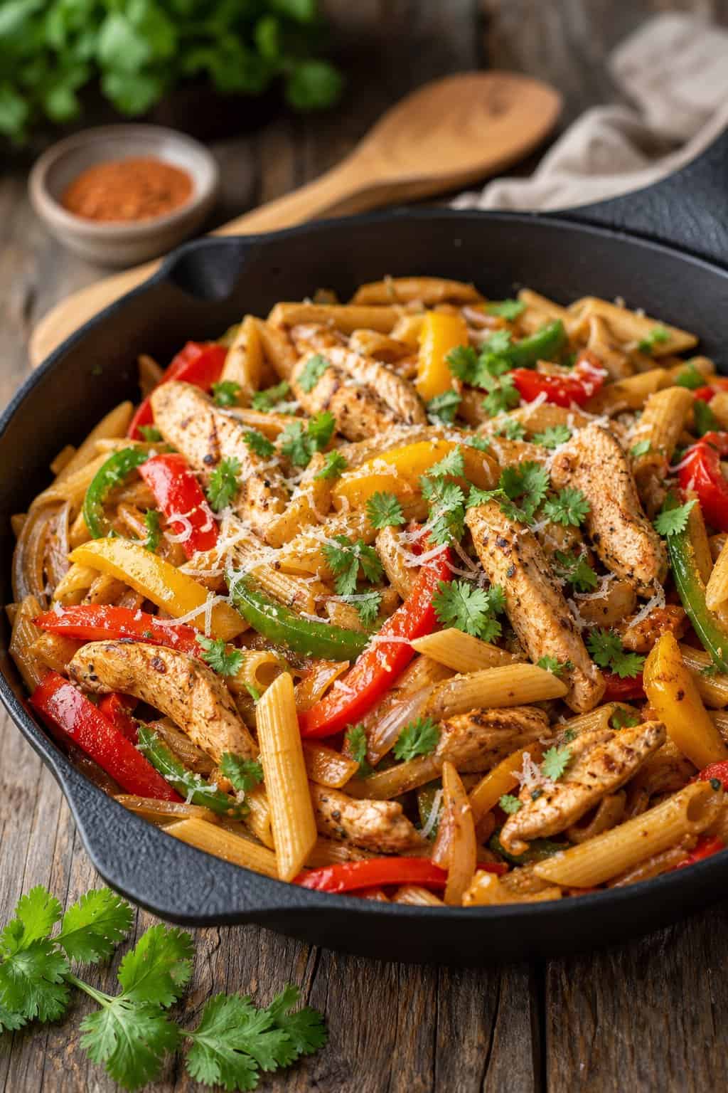 A skillet filled with chicken fajita pasta, colorful bell peppers, onions, and garnished with fresh cilantro on a wooden table.