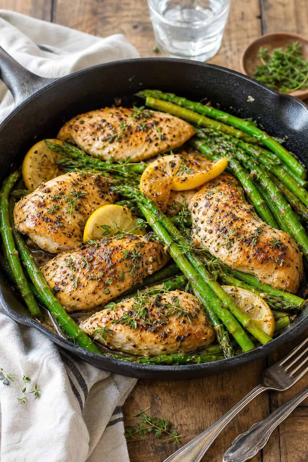 23 Healthy Chicken and Vegetable Recipes 19 A skillet with lemon herb chicken and green asparagus on a wooden table.