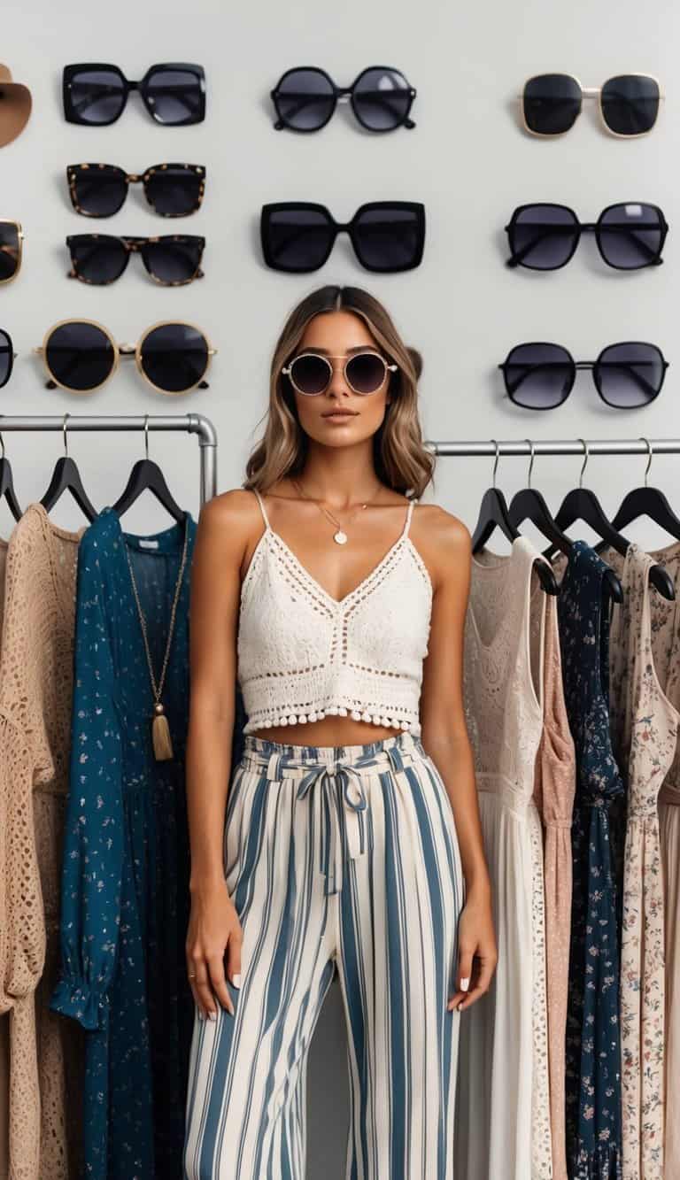 A collection of boho outfits displayed with oversized circle sunglasses for effortless style