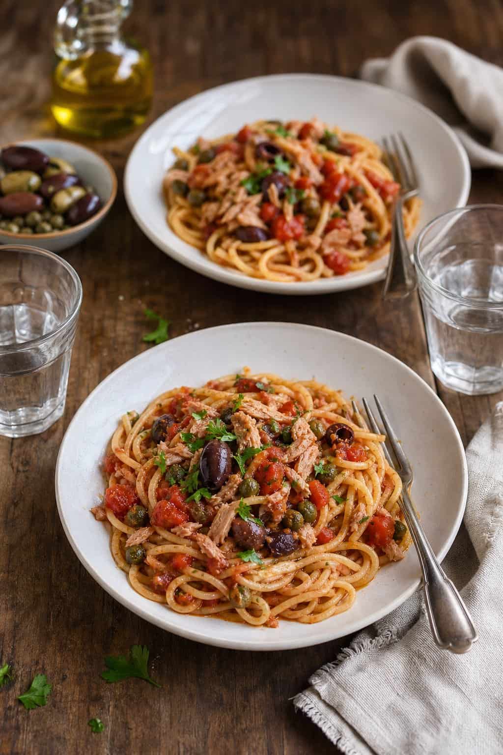 Two plates of pasta puttanesca with tomatoes, olives, and tuna on a wooden table set for two people.