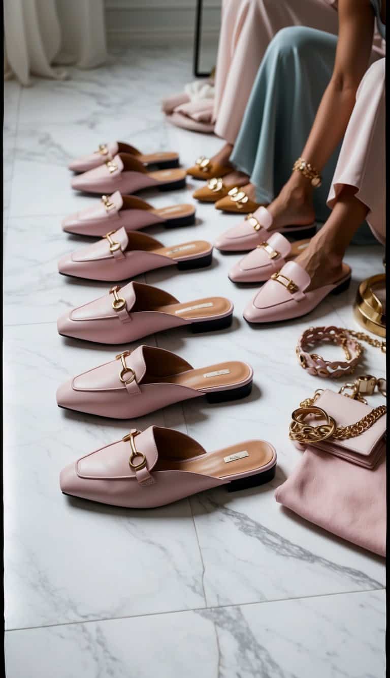 A row of pastel pink mules lined up on a white marble floor, surrounded by soft, feminine clothing and accessories
