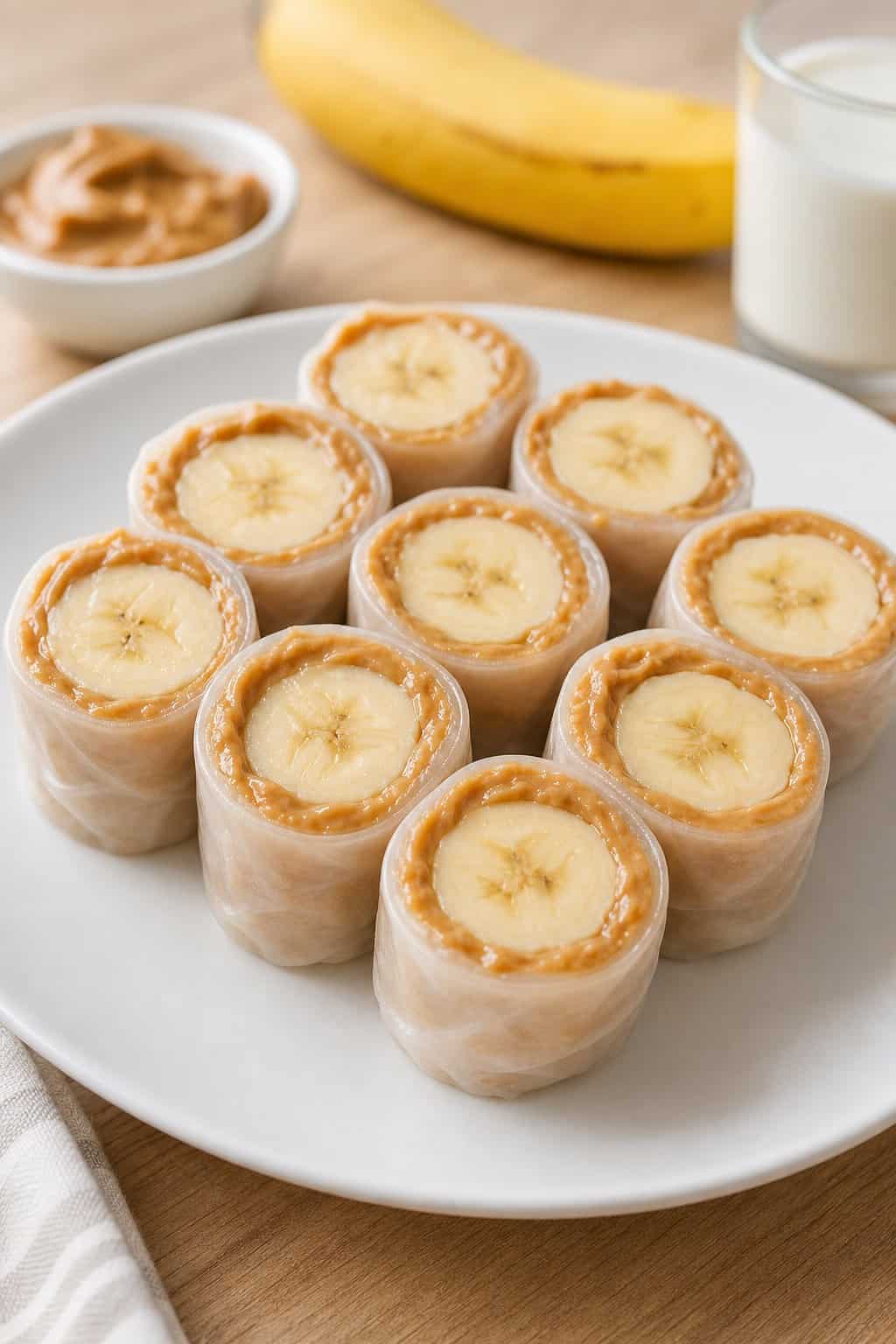 A plate of peanut butter banana sushi rolls arranged on a wooden table with a bowl of peanut butter and a banana in the background.