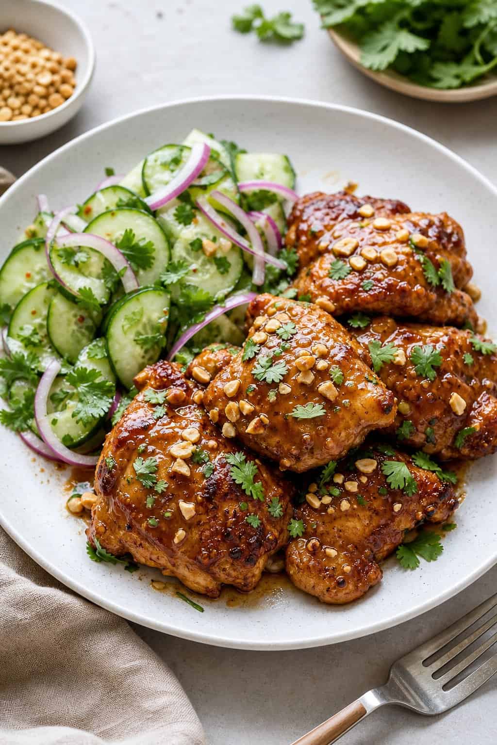 25 Chicken Thigh Recipes for Easy Weeknight Dinners 23 A plate of peanut satay chicken thighs served with a fresh cucumber salad.