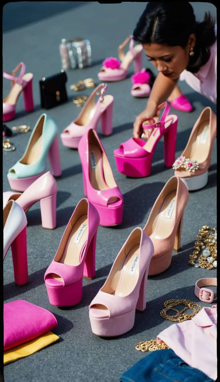 A row of peep-toe pink platform heels arranged in various styles and angles, surrounded by feminine accessories and clothing items