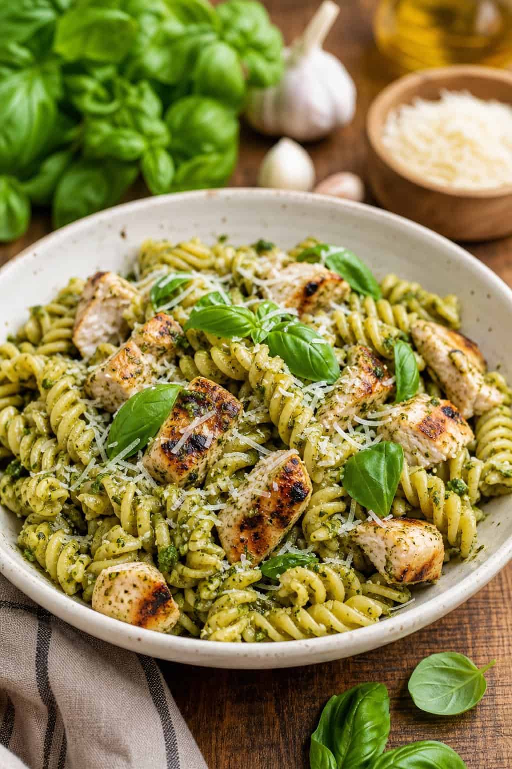 A bowl of rotini pasta with pesto sauce and grilled chicken garnished with basil and Parmesan cheese on a wooden table.