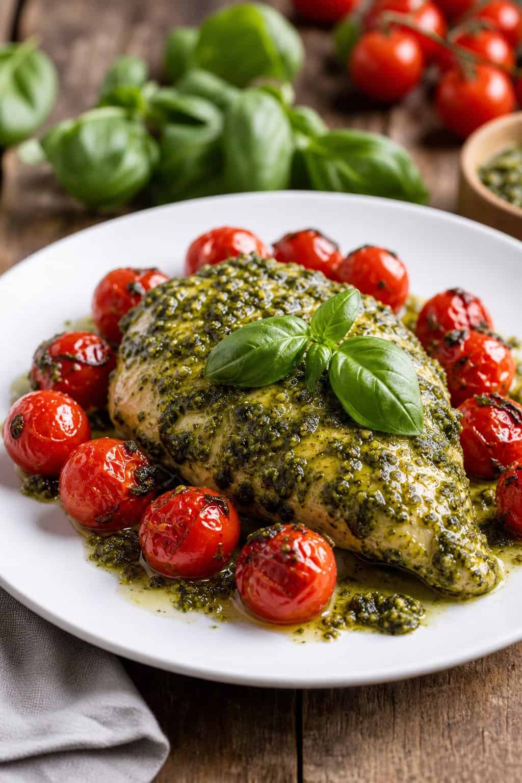 A plate with pesto chicken and roasted cherry tomatoes on a wooden table.