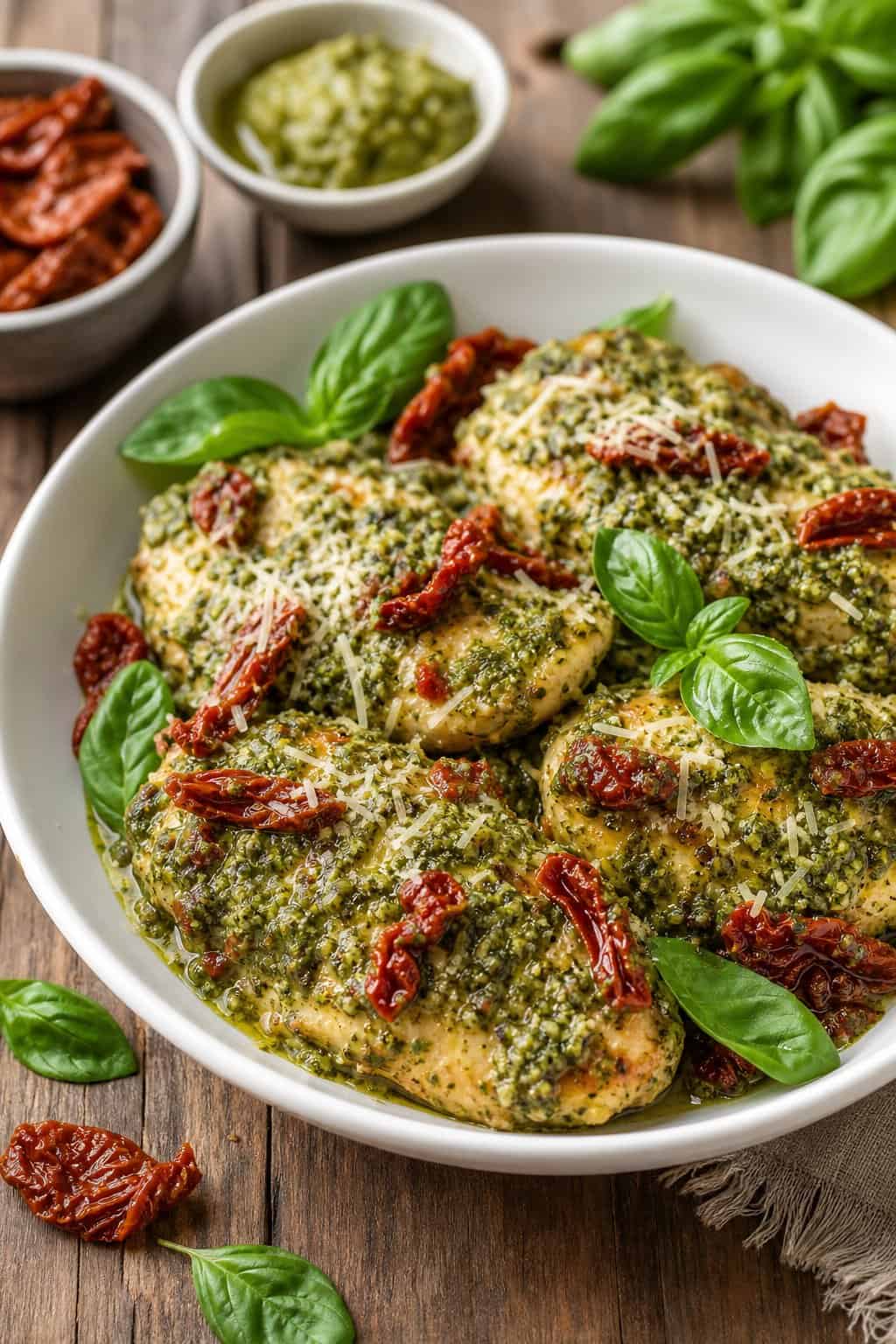 22 Easy Instant Pot Chicken Recipes for Quick Family Dinners 18 A bowl of pesto chicken topped with sun-dried tomatoes and fresh basil on a wooden table.