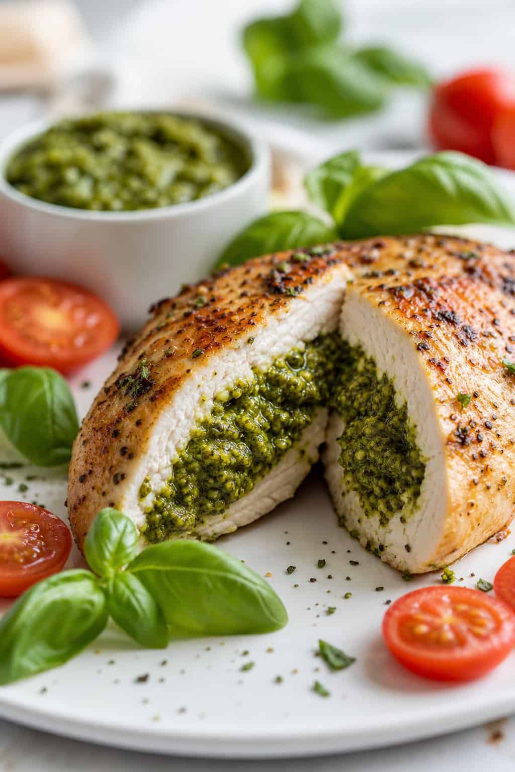 A sliced chicken breast stuffed with green pesto on a white plate, garnished with basil leaves and cherry tomatoes.