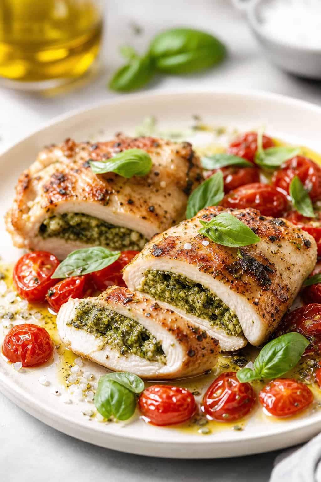 A plate of golden brown chicken thighs stuffed with green pesto, garnished with basil leaves and roasted cherry tomatoes on a white plate.