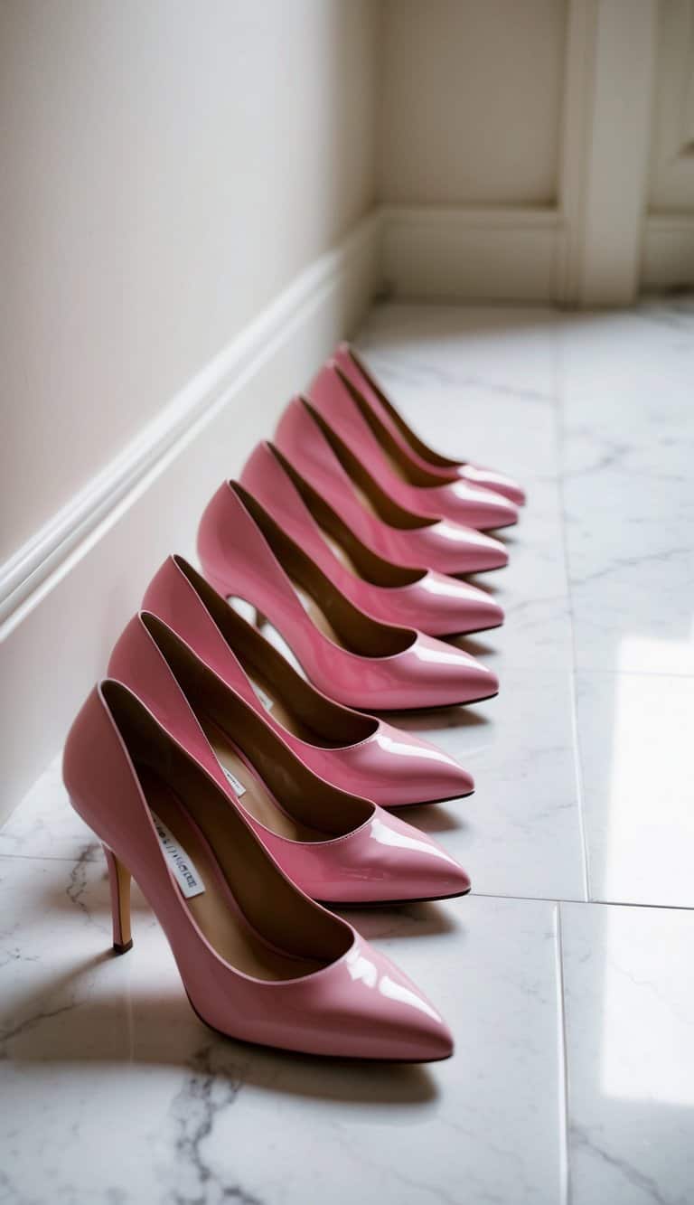 A row of pink patent leather pumps lined up on a white marble floor, with soft lighting casting a feminine and elegant ambiance