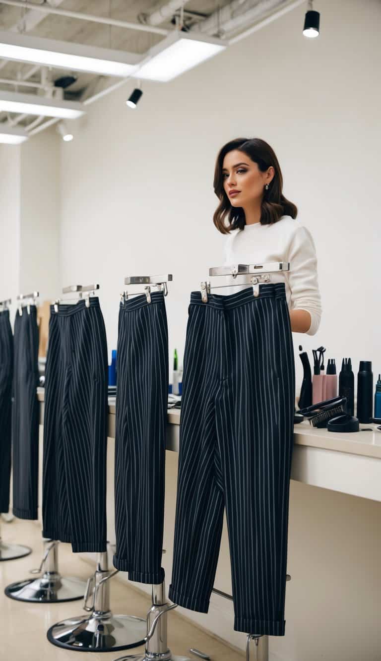 A row of neatly hung pinstripe pants with professional hairdressing accessories on a clean and organized work surface