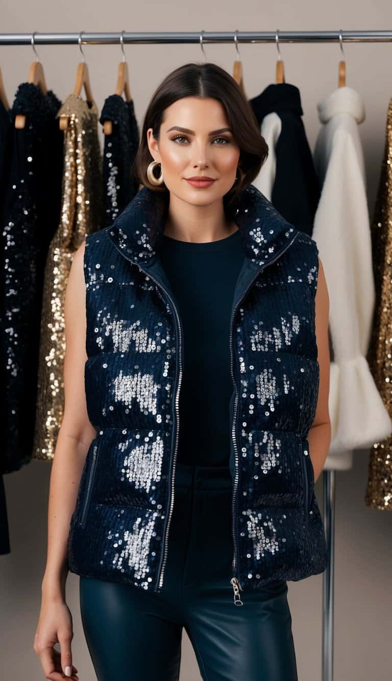A puffer vest adorned with sequins hangs on a clothing rack among other festive New Year's outfit options for women