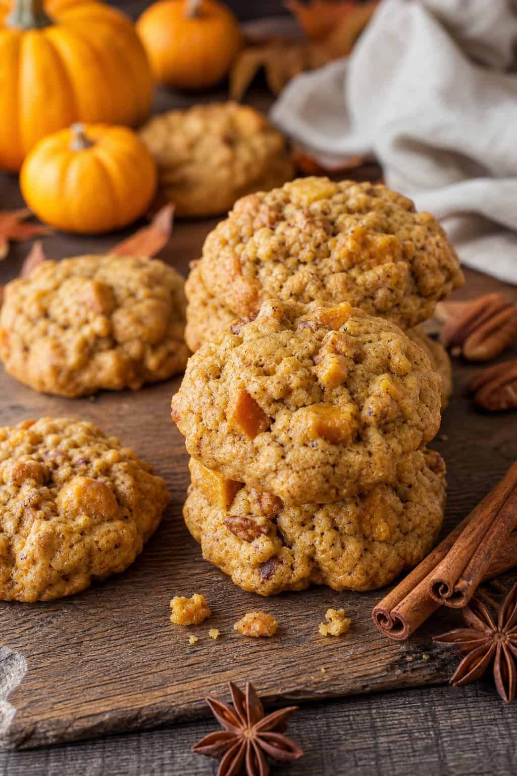 Freshly baked pumpkin spice drop cookies arranged on a wooden surface with autumn decorations in the background.