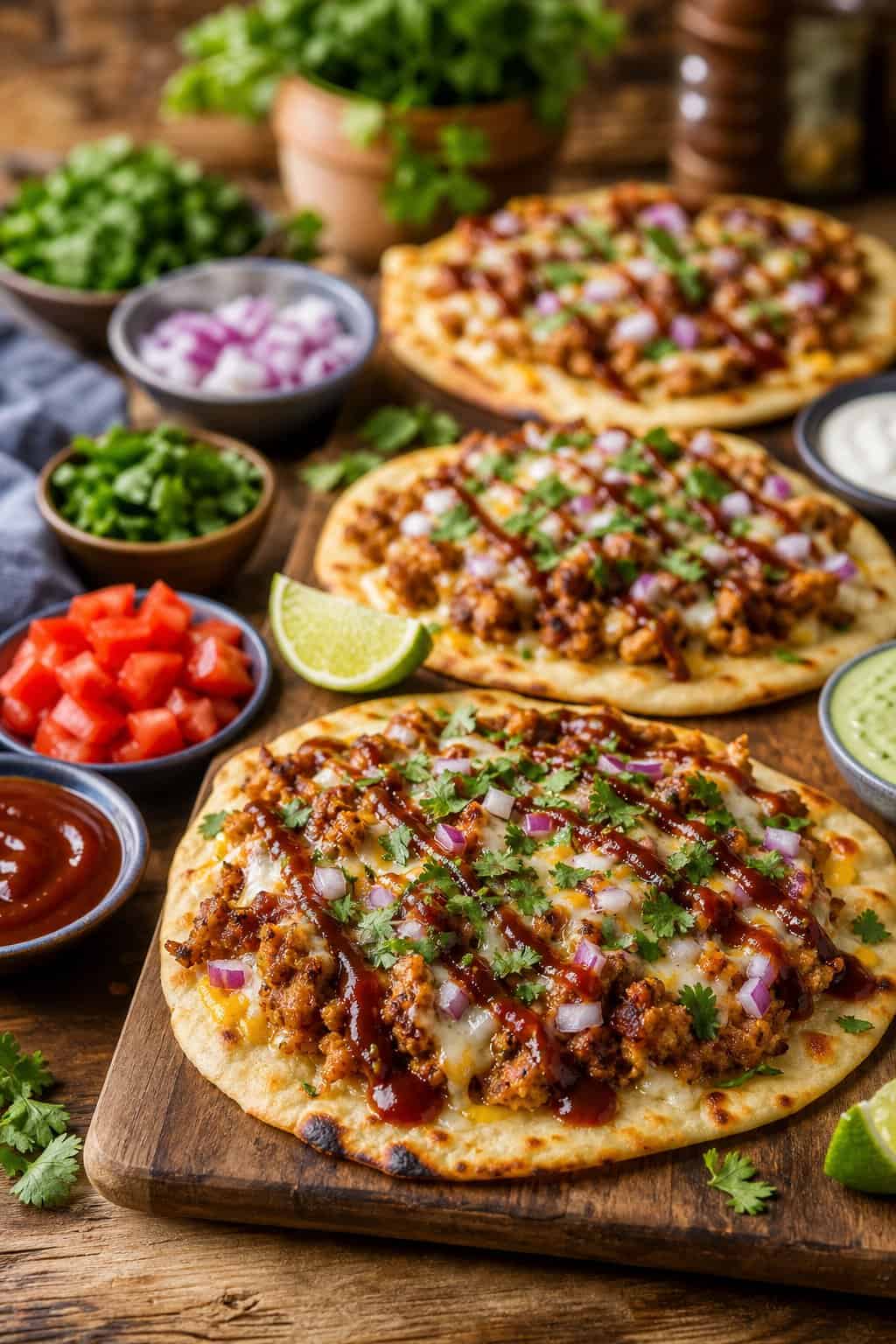 Flatbreads topped with BBQ minced chicken, cheese, onions, and cilantro on a wooden board with bowls of sauces and fresh ingredients nearby.
