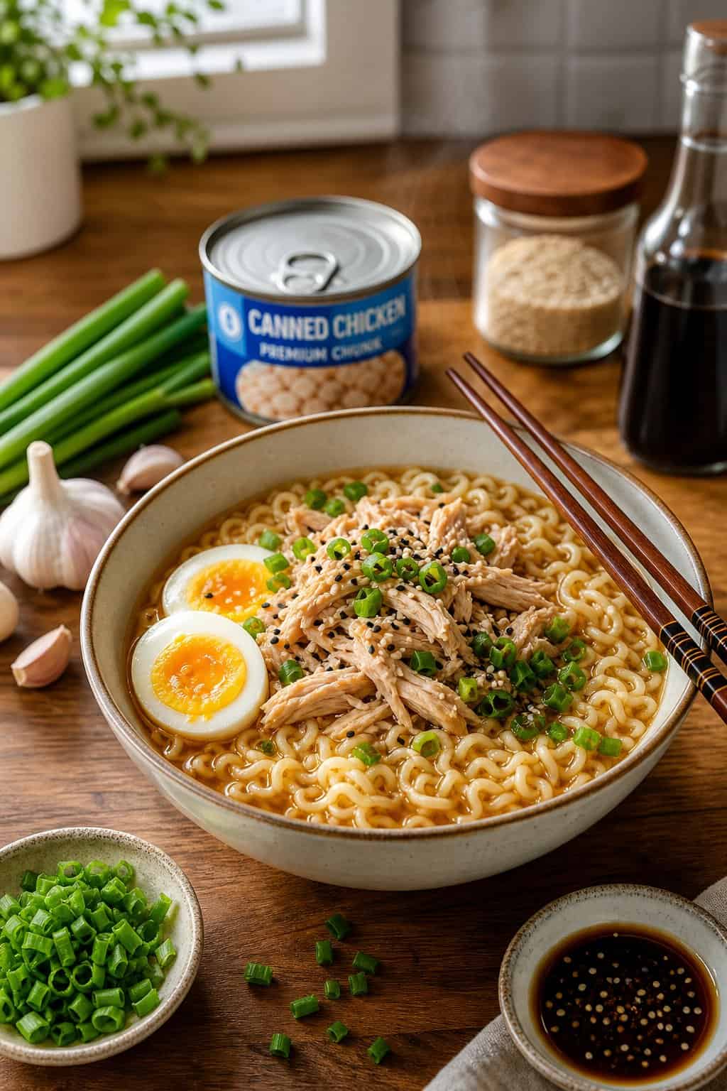 A bowl of ramen noodles topped with shredded chicken, boiled eggs, and green onions on a wooden countertop with chopsticks.